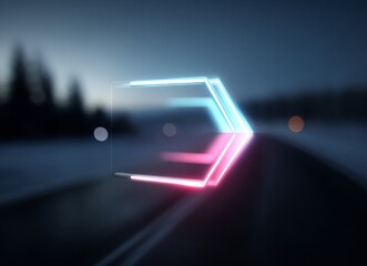 Obraz premium A dark backdrop serves as the setting for vibrant double exposure art that features a spiraling neon arrow with blue and red dynamic light trails