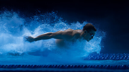 Swimmer Launching from Starting Block in Pool