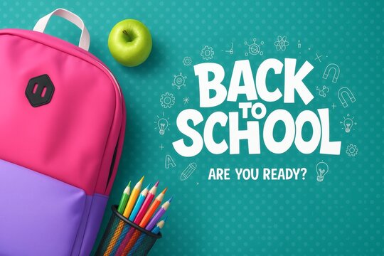 Ready for Back to School: Vibrant educational materials, backpack, stationery and a green apple creates a fun and engaging message. Sparking excitement. 