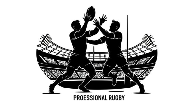 Rugby players fight for the ball on professional rugby stadium - Powered by Adobe