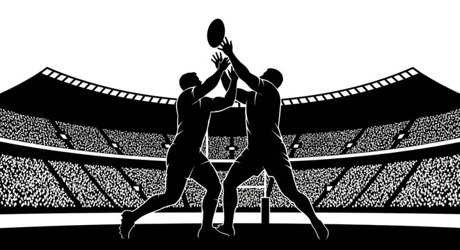 Rugby players fight for the ball on professional rugby stadium
