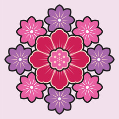 Illustration of a floral design with pink and purple flowers arranged in a circular pattern