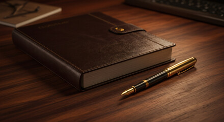 Luxurious Leather Diary and Gold Fountain Pen on Rich Wooden Desk