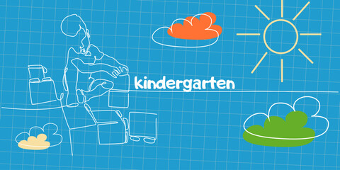 Kindergarten greeting text with a boy plays with blocks. Vector single line illustration of a child plays with blocks on a notebook background