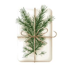 White gift box with pine sprig and twine bow on white background