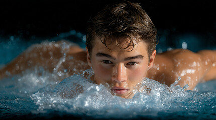 A young man swimming front crawl technique in a pool