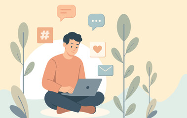 Flat Design Character Illustration of a Social Media Worker Using a Laptop Outdoors with Nature Background, Surrounded by Digital Icons in Soft Pastel Colors, Perfect for Web and Social Media Content