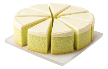 Lime chiffon cake with a light frosting, divided into triangular slices on a frosted acrylic board.