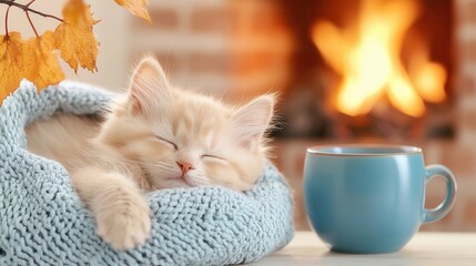sleeping kitten cozy peacefully near a fireplace on a Adorable autumn day, surrounded by yarn balls and a warm blanket