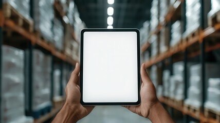 Warehouse worker scanning inventory on tablet among towering shelves stocked distribution merchandise in with center