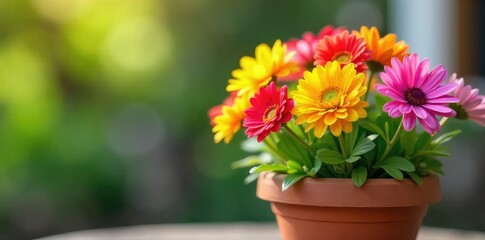Fototapeta premium A cheerful spring scene featuring vibrant flowers bursting from a terracotta pot, ready to brighten any space Perfect for gardening, home decor, and springtime themes , floral, springtime