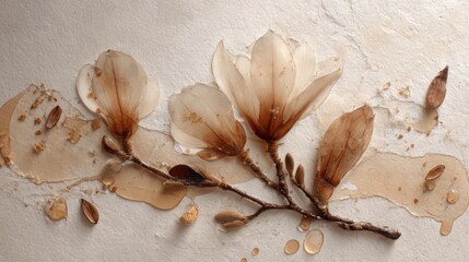 Pressed botanical elements with magnolia petals suspended in translucent serum on matte beige background, earthy tones for website design and social media branding. 
