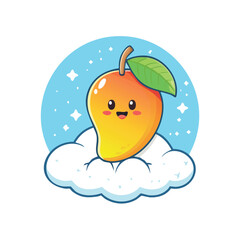 Cute Mango on Cloud Vector – Minimal Flat Kawaii Design with Happy Expression and Clean Style

