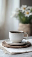 Ceramic white coffee mug resting near golden pen, notebook, potted succulent on sunlit wooden workspace surface