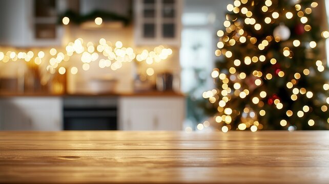 Wooden table foregrounding softly blurred christmas kitchen with twinkling tree lights and festive warmth