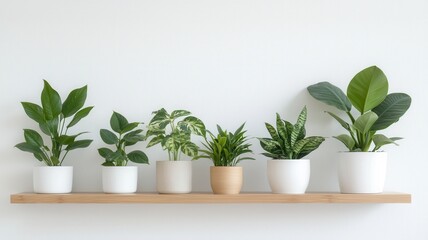 Obraz premium Terracotta pots housing green elements arranged on houseplants bamboo shelving, highlighting natural interior design minimalist