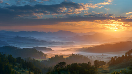 Colorful sunrise over misty mountains and valleys in tranquil landscape