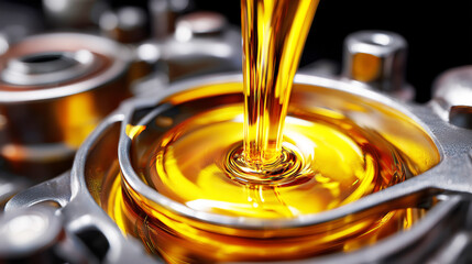Macro shot of engine oil being poured into motor, golden liquid in motion, high realism and detail of car maintenance scene
