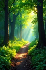 Obraz premium A sun-dappled forest path winds through lush green foliage, sunlight filtering through the canopy, creating a magical atmosphere perfect for a peaceful trek , idyllic, outdoor, travel