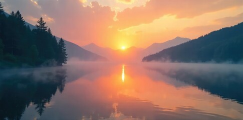 A sunrise over a tranquil lake, mist rising, conveying a sense of calm energy and spiritual awakening Perfect for meditation, yoga, and wellness themes , sky, relaxation, zen