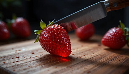 A dramatic and moody close-up of a sharp knife slicing into a luminous red strawberry on a wooden cutting board.
