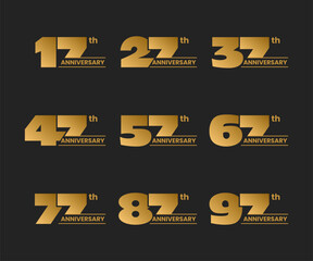 Set of anniversary logo design on black. From 17 to 97. Stock vector illustration for celebration event, greeting card, invitation etc. 