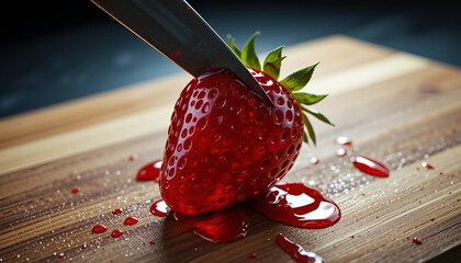 A dramatic and moody close-up of a sharp knife slicing into a luminous red strawberry on a wooden cutting board.