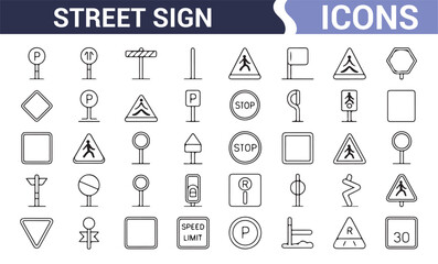 Set of traffic sign illustrations showing stop signs, direction symbols, and warning indicators.