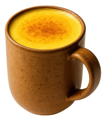 Earthenware mug of turmeric chai latte with a sprinkle of ground turmeric on top.