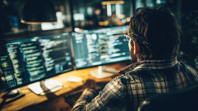 Nighttime Programming Work: Man in Plaid Shirt Coding at Dual Monitors