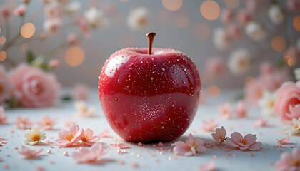 A stunning still life of a glossy red apple adorned with sparkling dew drops.