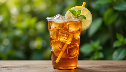 A refreshing glass of iced tea with lemon and mint on a wooden table outdoors.