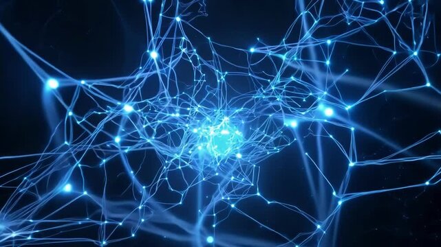 Electric blue neural network displays glowing nodes connected by bright pathways as energy pulses through synaptic connections creating mesmerizing digital brain visualization