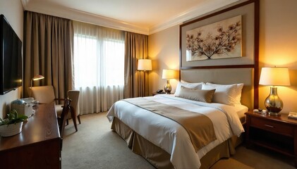 Luxurious motel suite with plush king-size bed, elegant decor, and a spa-like bathroom Perfect for a romantic getaway or relaxing solo trip , serene, furniture