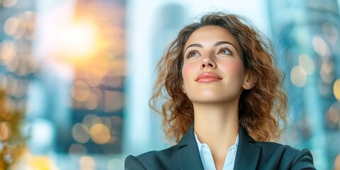 Businesswoman in professional attire reflecting on career growth and future opportunities ahead.