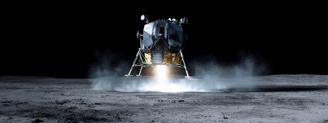 lunar lander making contact with the Moon dusty surface, landing legs touching down and kicking up a cloud of  dust. banner 