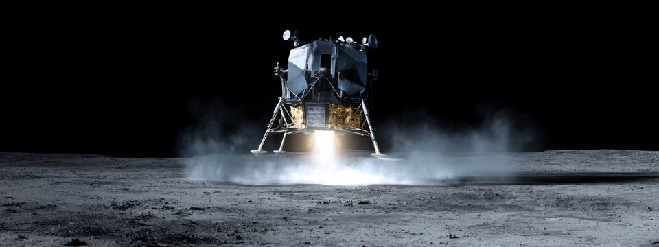 lunar lander making contact with the Moon dusty surface, landing legs touching down and kicking up a cloud of  dust. banner 