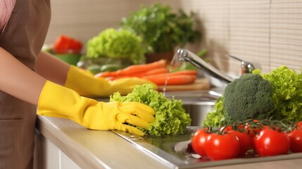 Woman Washing Vegetables in Kitchen with Yellow Gloves, Fresh Produce, and Modern Sink Setup