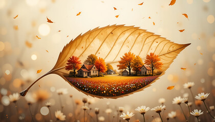 A magical and surreal illustration of a miniature autumn village nestled inside a large, translucent leaf, floating over a dreamy field of flowers with a warm bokeh background.