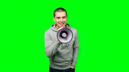 Person holding megaphone and shouting, green screen background - Powered by Adobe