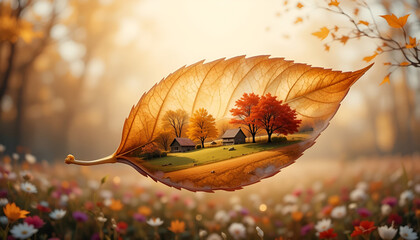 A magical and surreal illustration of a miniature autumn village nestled inside a large, translucent leaf, floating over a dreamy field of flowers with a warm bokeh background.