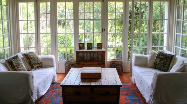 White sofa and wooden coffee table in a sunroom with large windows.