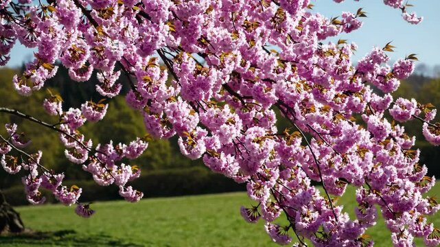 Spring border or background art with pink blossom. Beautiful nature scene with blooming tree and sunny