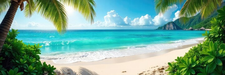 Sun-drenched turquoise ocean waves crash on a pristine white sand beach, creating a breathtaking seascape Lush tropical vegetation frames the scene, promising tranquility and escape , sky, vacation