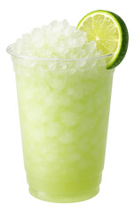 Clear plastic cup of limeade slush with crushed ice and a slice of lime on the rim