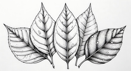 Detailed black and white illustration of five overlapping leaves, showcasing intricate vein patterns.