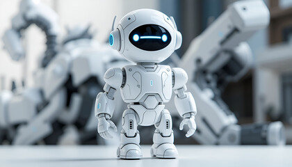 A cute and friendly miniature white robot with glowing blue eyes, standing in a futuristic high-tech environment with a large blurred machine in the background.