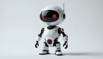A modern, cute white robot with a large head and glowing red eyes, standing in a full body shot on a clean, minimalist gray background.