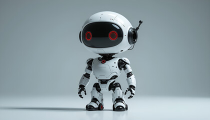 A modern, cute white robot with a large head and glowing red eyes, standing in a full body shot on a clean, minimalist gray background.