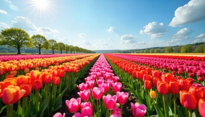 Vibrant rows of tulips stretch to the horizon under a bright spring sky A breathtaking display of color and natural beauty perfect for springtime themes and nature backgrounds , spring, green